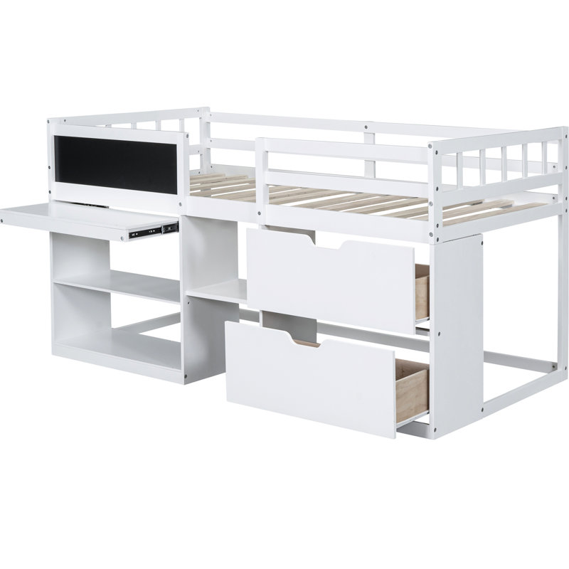 Lit mezzanine simple de taille simple en blanc avec rangement roulant - Bois massif pour un bureau de configuration de chambre à coucher pratique