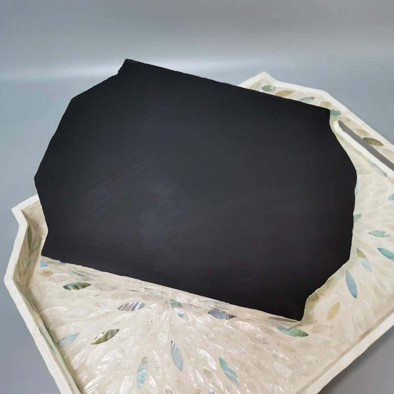16 Inch Mother Of Pearl Tray Dodecagon, Large Lacquer Shell Tray With Handles And 2”Side, Decorative Shell Serving Tray Inlay Nacre Ottoman Tray For Coffee Table, Vanity Organizer, Breakfast
