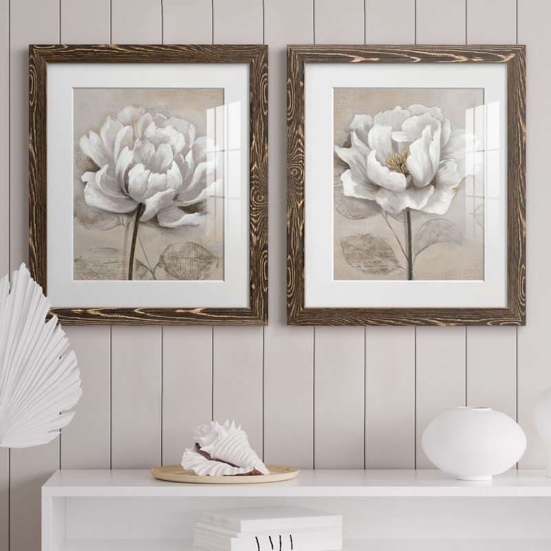 "Soft White I", ensemble de 2 reproductions d'art, Impression encadrée avec passe-partout, H 24 po x l 36 po, Noyer