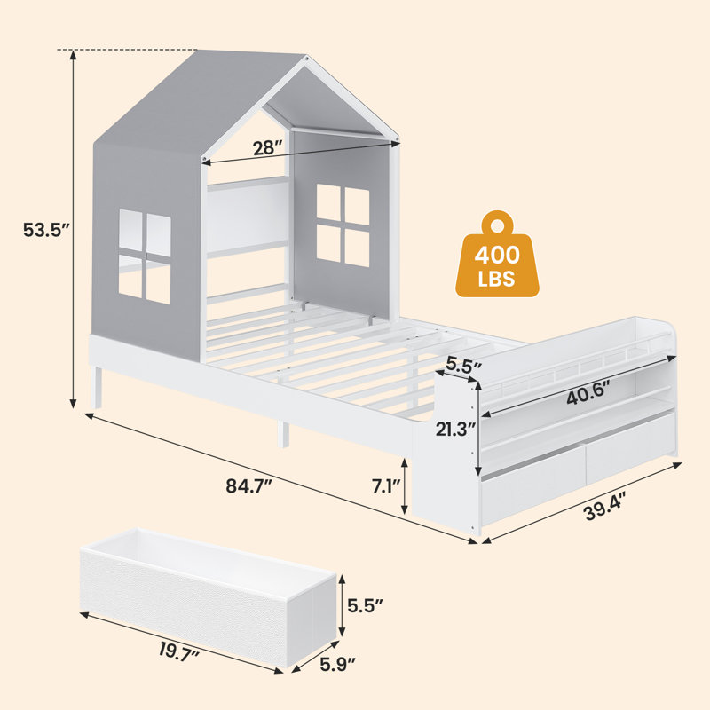 Twin Size Bed Frame With 2 Storage Drawers And Bookshelves,House Bed with Roof & Curtain & Window,Toddler Bed,Space Saving No Box Spring Needed, Easy Assembly