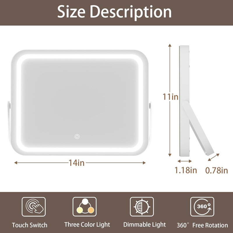 Miroir de salle de bain à DEL avec lumières, 3 modes d'éclairage à intensité variable, commande tactile intelligente, rotation à 360 °, comprend une loupe 5X, cadre blanc