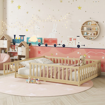 Kids Floor Bed With Fence And Door,rubber Wood Floor Bed With Safety Guardrails