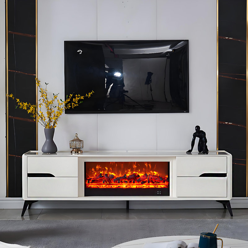 Dessus en pierre 78,74 po de style moderne minimaliste en bois fritté blanc, pieds surélevés, meuble télé avec foyer à flamme chauffante simulée en 3D et armoire décorative pour tout-en-un