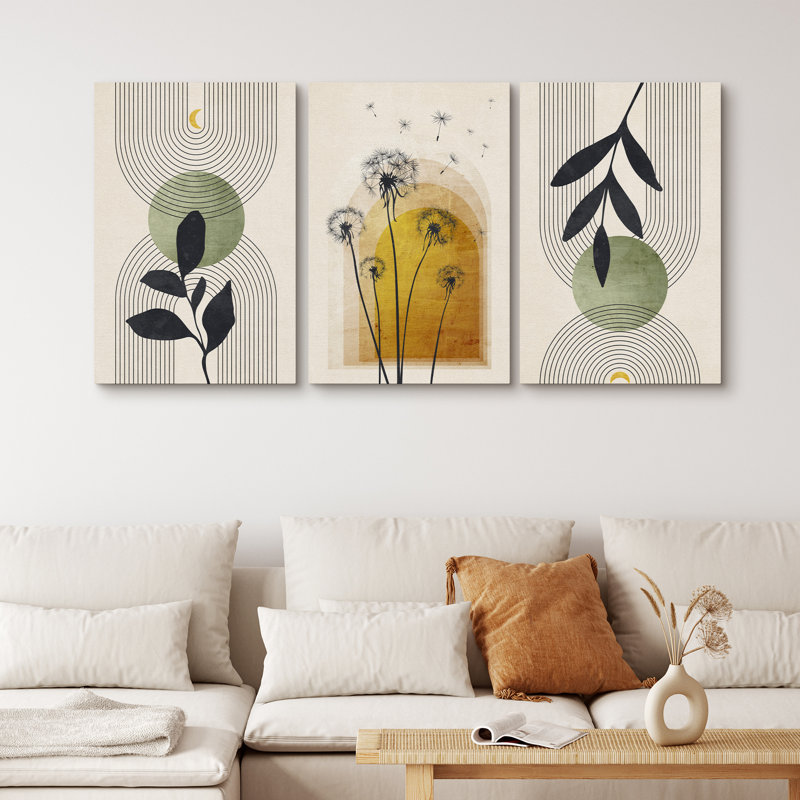Mid Century Modern Boho Green Yellow Abstract Botanical Decor - 3 Piece Set Canvas Print Wall Art, Wrapped Canvas