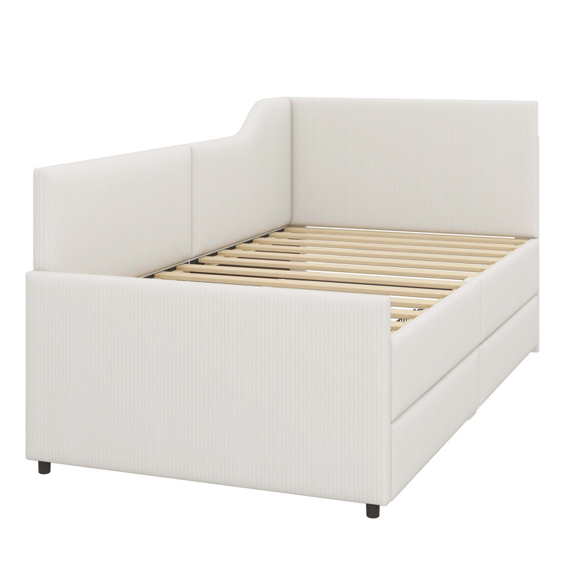 Cozy Twin Size L-Shaped Corduroy Daybed With Upholstered Frame And Dual Storage Drawers, Beige