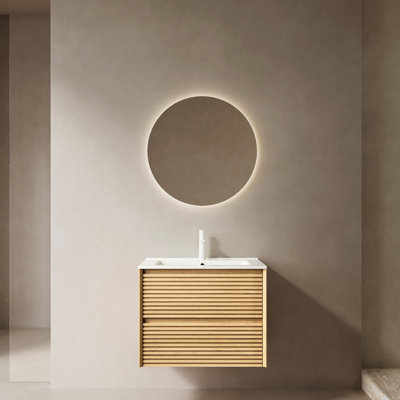 Meuble-lavabo de 61 cm (24 po) avec lavabo en céramique, contreplaqué, fini chêne, tiroirs, installation facile, lavabo blanc, conception robuste, montage simple et rapide.