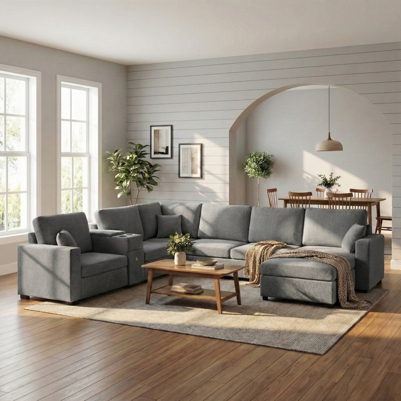 Canapé modulaire en U avec méridienne, porte-gobelets, tiroir de rangement et coussins, Gris