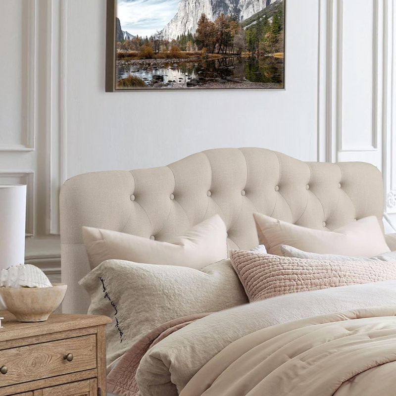 Linen Upholstered Headboard-Modern-Adjustable Height-Button Tufting, King, Beige