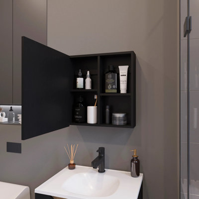 Étagère de salle de bain noire avec miroir inclus et 3 tablettes pour rangement mural