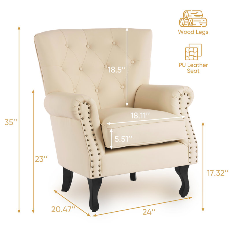 24"W Faux Leather Wingback Chair, Beige Faux Leather