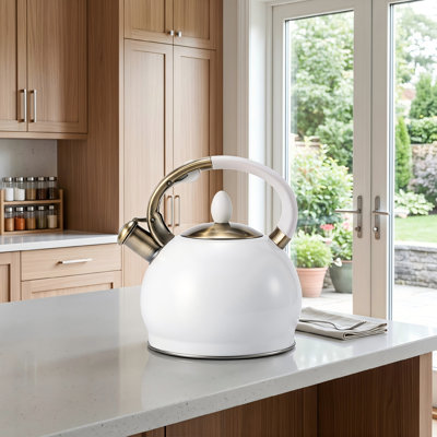 Bouilloire blanche de 2,7 pintes en acier inoxydable de qualité alimentaire, munie d'une poignée ergonomique et d'un gant en silicone résistant à la chaleur, convenant aux cuisinières à induction, au gaz, électriques et radiantes.