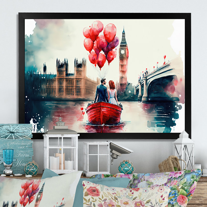 Couple romantique sur l'eau II - Impression sur toile, Cadre simple noir, H 24 po x l 32 po x P 1 po