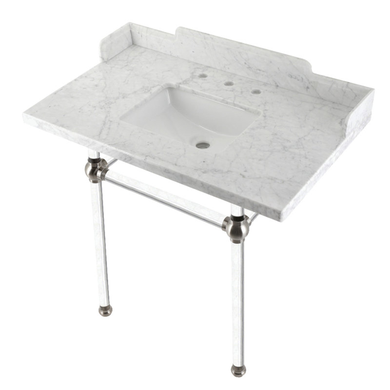 Kingston Brass Pemberton 36-Inch Carrara Marble Console Sink with Acrylic Legs (8-Inch, 3-Hole), Marble White/Brushed Nickel