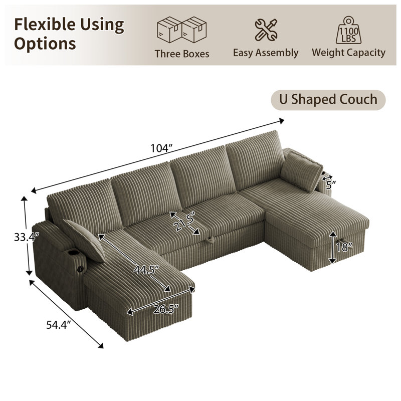 104''W U Shaped Corduroy Sectional Sofa With Storage Chaises And Pull Out Bed, Gray Corduroy