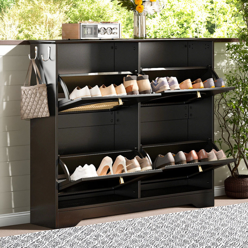 Mid-Century Narrow Shoe Cabinet with 4 Rattan Flip Drawers, 2 Hooks for Entryway, Black