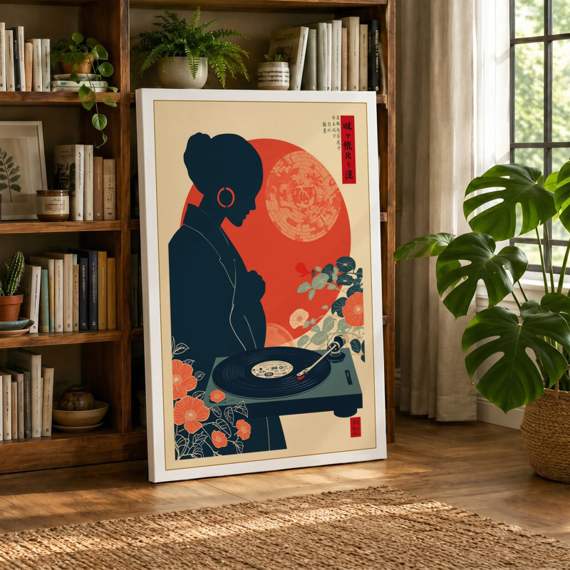 Preparing Under Red Moon Japandi 1 Piece Wrapped Canvas Wall Art, 36x24 - 91.4 x 61.0 cm, Sage Border