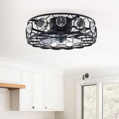 18"" Modern Industrial Iron Caged Low Profile Semi Flush Mount Ceiling Fan Light (Drum Round Crystal) -  Latitude RunÂ®, EF815B9F7C5C46CE8141D6D31674741F