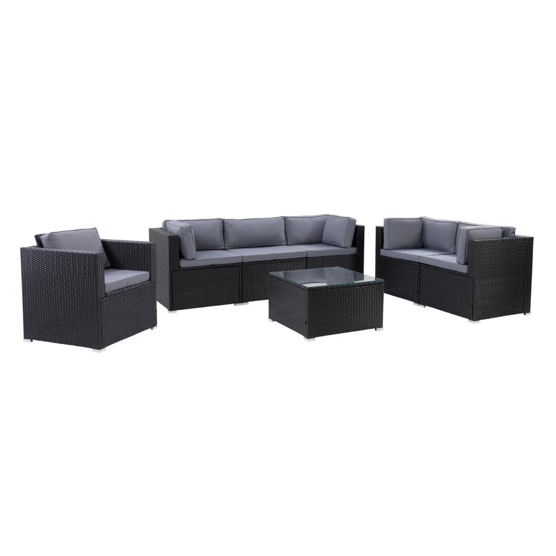 Ensemble de conversation modulaire en rotin 7 pièces avec coussins Newburyport, Gris, Noir