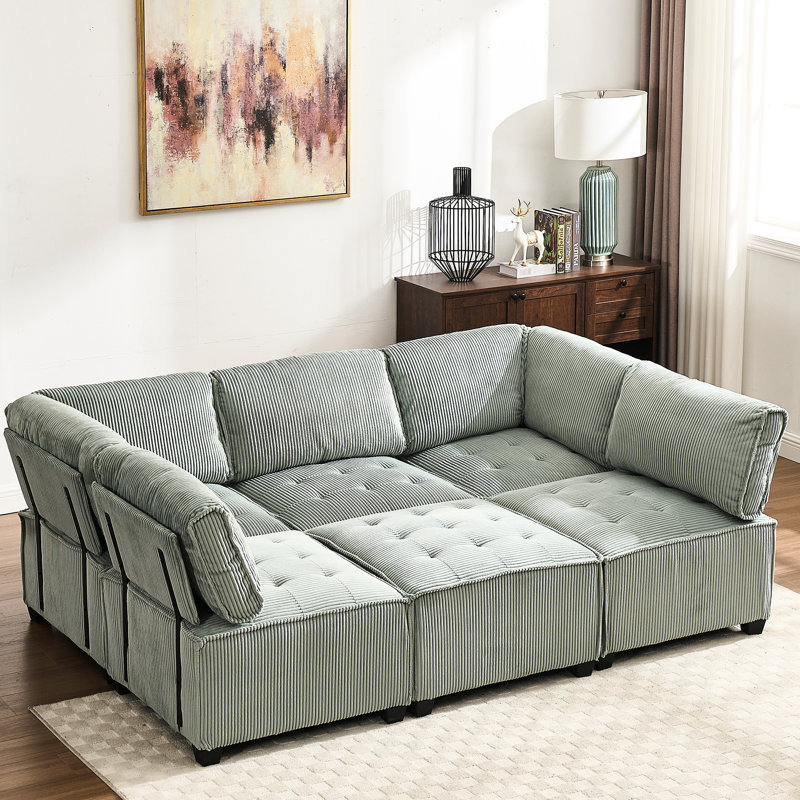 Modular Sectional With Reversible Chaise, 6 Seat, Fluffy Corduroy, Base, Living Space Seat Couch, Luxury Firm Support, Hardwood Area