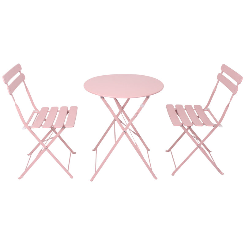 3 Pieces Patio Bistro Balcony Metail Chair Table Set-Pink, Pink