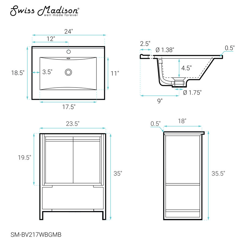 Meuble-lavabo 24 po Marseille, Noir mat, Blanc et or brossé