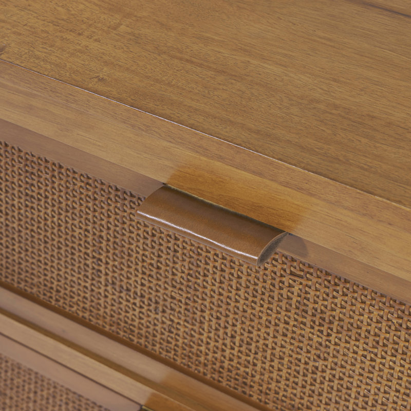 Table de chevet en bois massif Ameer Medern Boho avec 2 tiroirs profonds, incrustation en rotin pour l'organisation et le rangement des chambres