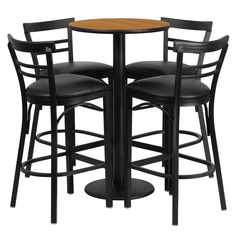 Naro 24'' Round Laminate Table Set with Round Base and 4 Ladder Back Metal Barstools, Natural, Burgundy