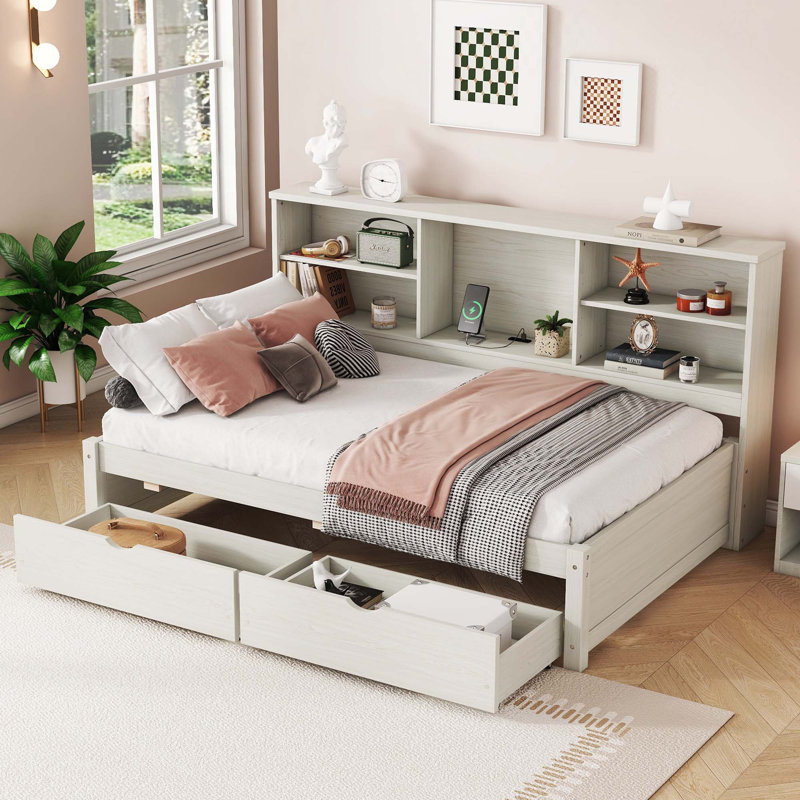 Structure de lit simple avec tablettes latérales, deux tiroirs et port USB intégré, Blanc crémeux