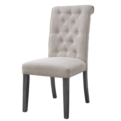 Paire de chaises rembourrées en lin beige et gris - dossier légèrement rembourré de mousse, sans accoudoirs, base en bois synthétique, coussin de siège de 2 pièces d'une capacité de 220 lb, bois, support de poids de 220 lb