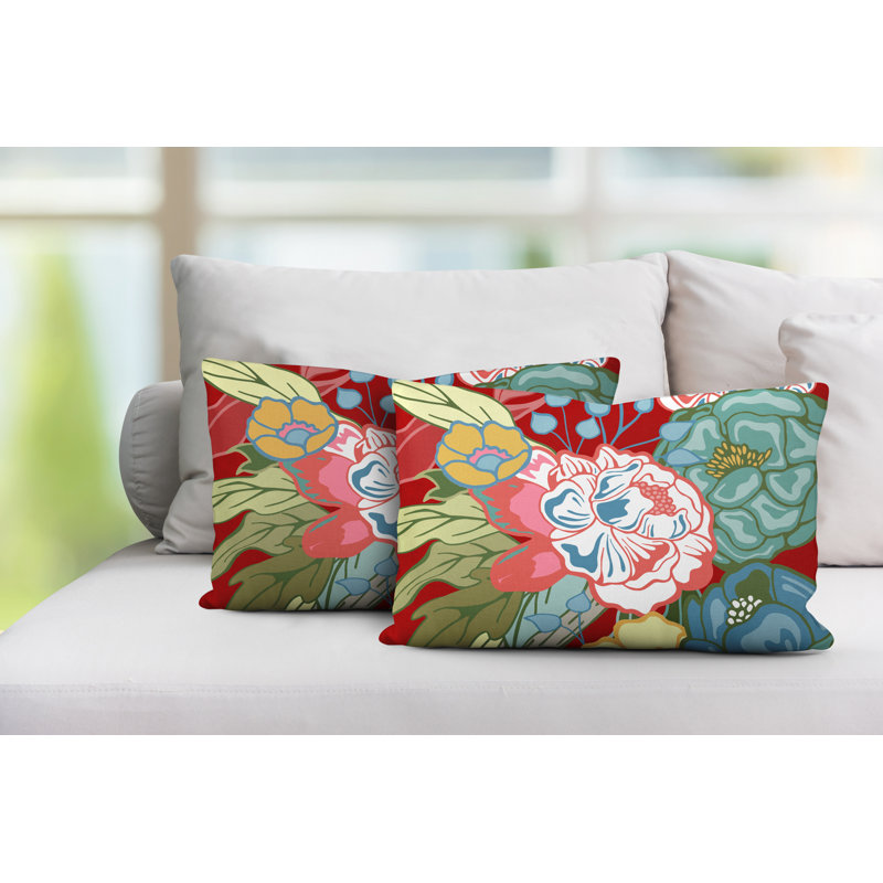 Nouvel Floral Indoor/Outdoor Lumbar Pillow, Red