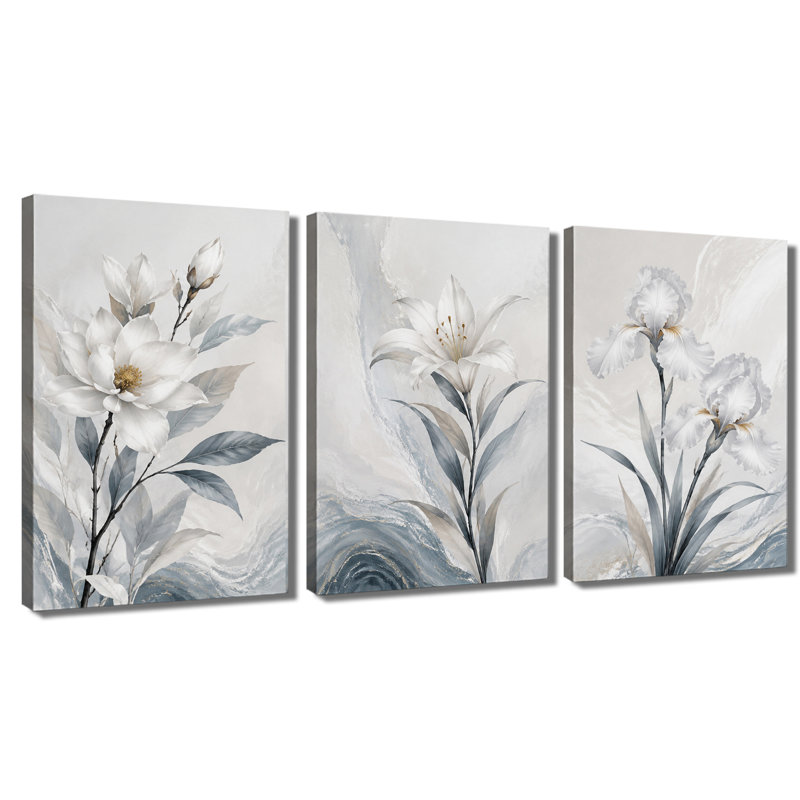 3 panneaux muraux, lys iris blanc, impression sur toile marbrée florale pour le salon, 20 * 30 pouces * 3