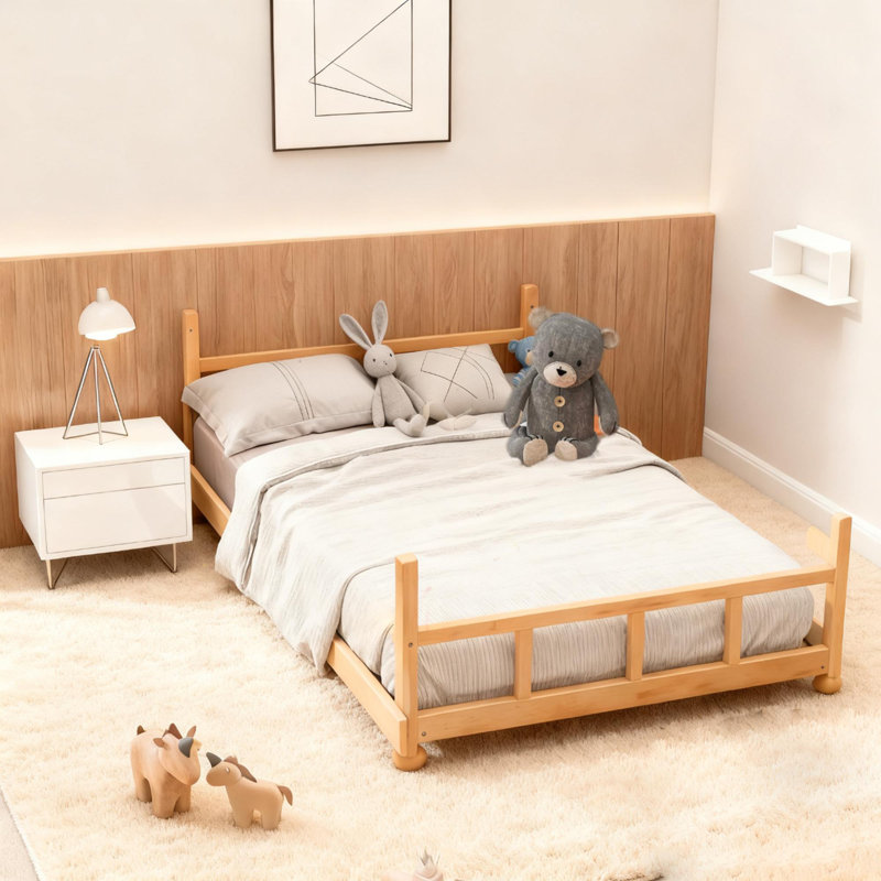 Lit de style maison basse avec lumières et rideaux, Complète, Beige