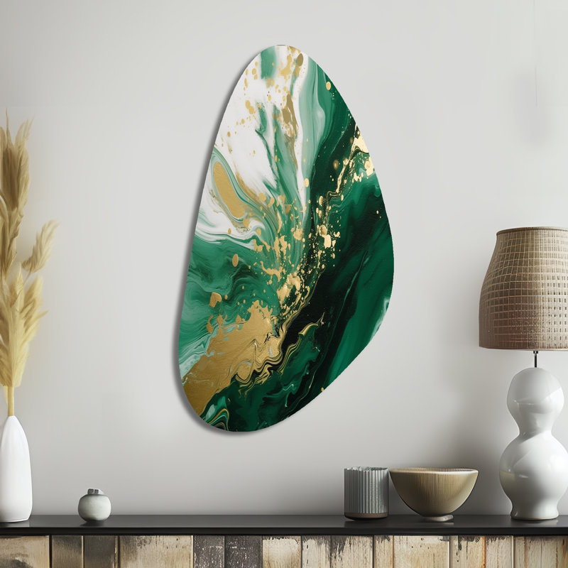 Green and Gold Serene Cascade III - Abstract Irregular Shape Metal Wall Art, Modern Asymmetrical Metal Art Print