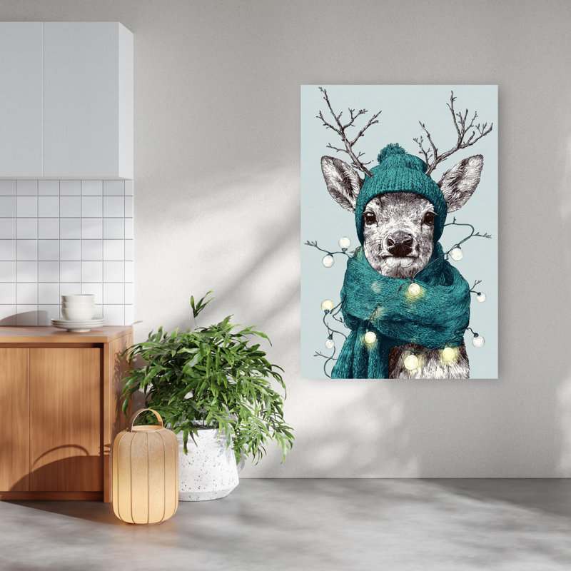 Cozy Winter Deer Whimsical Contemporary Deer Portrait Winter Wall Art Print 1 Piece Wrapped Canvas Wall Art