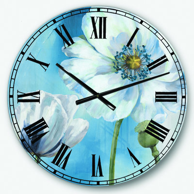 Swigart peint à la main fleur blanche sur fond bleu I - horloge murale