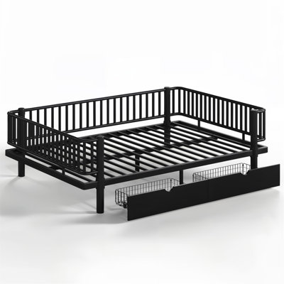 Lit plateforme grand avec tiroirs de rangement, structure de lit de jour en métal avec conception de tuyau rond de sécurité améliorée, conception à profil bas