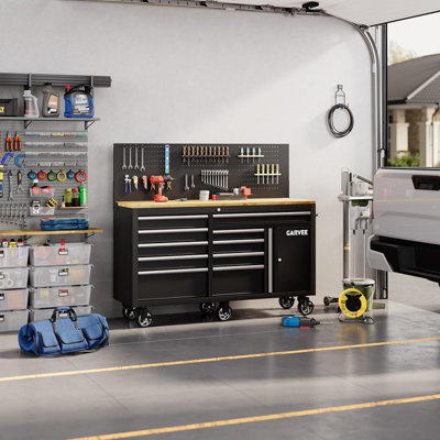 60-inch Rolling Tool Chest with 10 Drawers, Pegboard, Charging Station & Locking Cabinet, Black