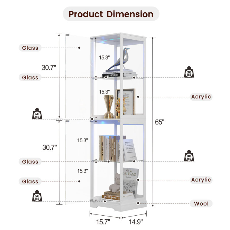 65'' H Clear Display Cabinet with Human Body Sensing Intelligent LED Light, White