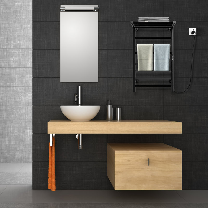 Porte-serviettes mural chauffant électrique avec tablette supérieure, Noir