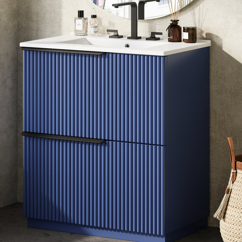Meuble-lavabo bleu autoportant de 76 cm avec tiroirs extensibles, trous prépercés pour robinetterie de 20 cm et structure étanche, lavabo en céramique, surface