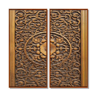 Vieille porte en bois sculpté - ensemble de 2 décorations murales de ferme florale encadrée