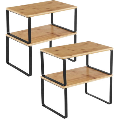 Cabinet Organizer Shelf, Set Of 4 Kitchen Counter Shelves, Kitchen Storage, Spice Rack, Stackable, Expandable, Metal And Engineered Wood, Ink Black And Natural Beige UKCS10NB