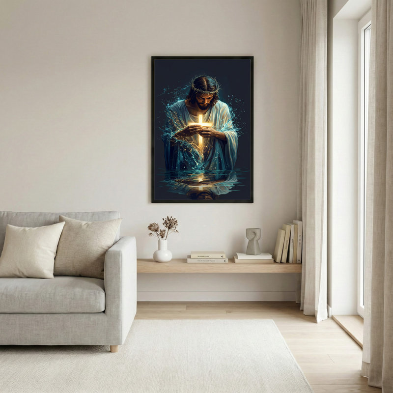 Jésus-Christ tenant une lumière sur toile tendue, reproduction d'art chrétien, H 18 po x l 12 po