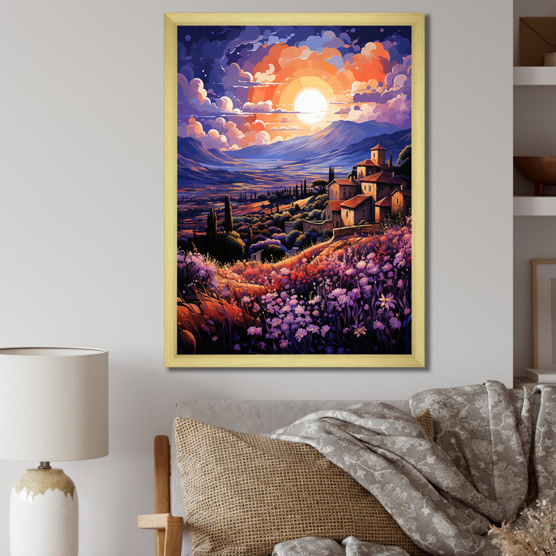 Espagne, champs de lavande I - art mural sur toile florale, H 32 po x l 24 po x P 1 po, Encadrement doré
