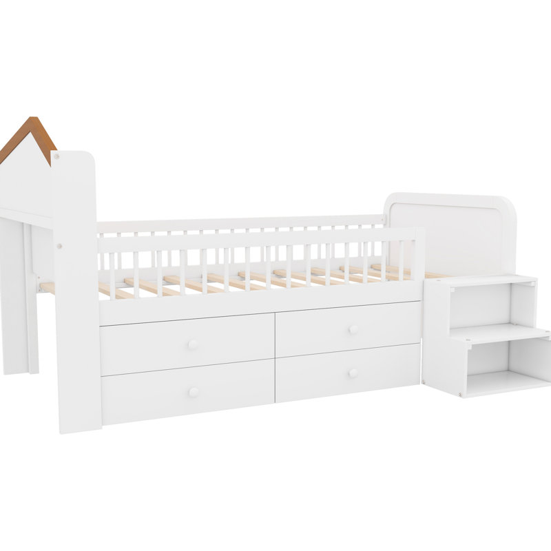 Lit mezzanine simple en blanc avec DEL et rangement - Tête de lit en forme de maison pour lit stable, tête de lit, White