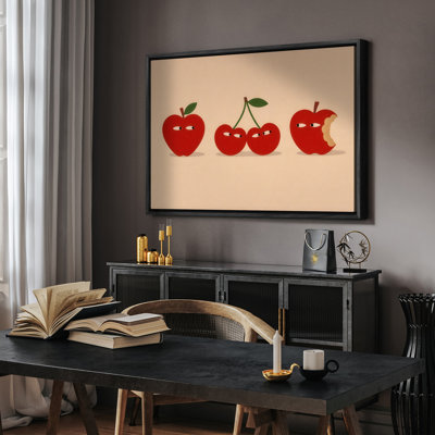 «Playful Apples and Cherries with Expressive faces», reproduction d'art encadrée
