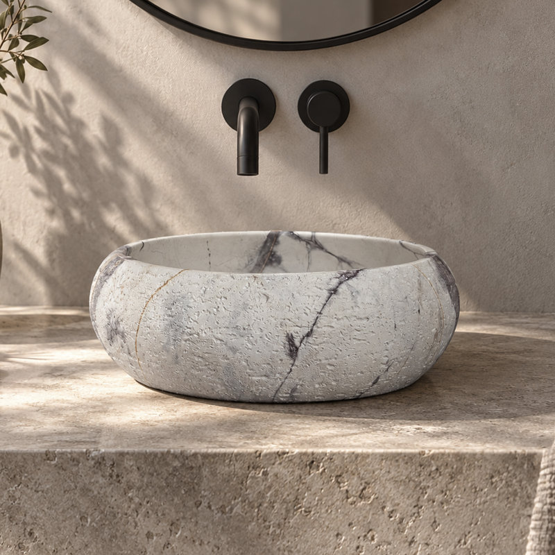 Lavabo-vasque rond en pierre zen de 40 cm (16 po) avec veinage en travertin violet, style artistique et surface solide, Mauve