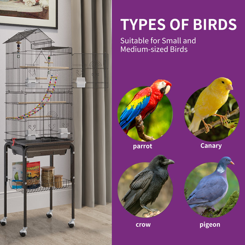 Large Black Metal Bird Cage with Rolling Stand and Toys