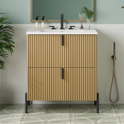 Meuble-lavabo de 30 po avec lavabo en céramique, équipé de poignées verticales et de tiroirs pleine extension, meuble-lavabo autoportant avec glissières de tiroir à fermeture en douceur, conception cannelée, naturel