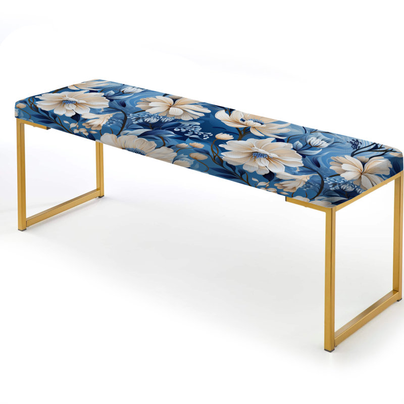 Enchanted Blue And White Peonies Pattern II - Floral Upholstered Gold Bench